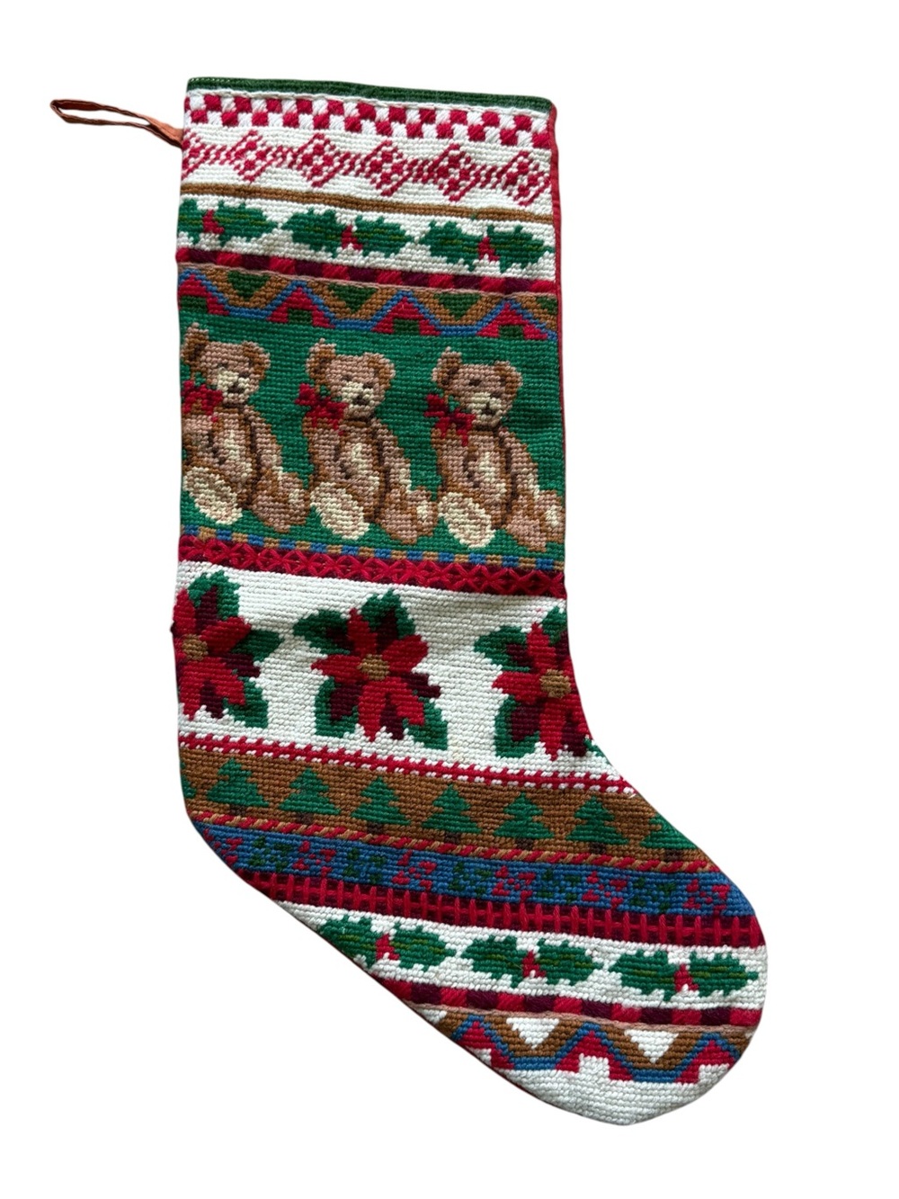 Vintage Wool Needlepoint Christmas Stocking Teddy Bears Poinsettia Holiday Decor